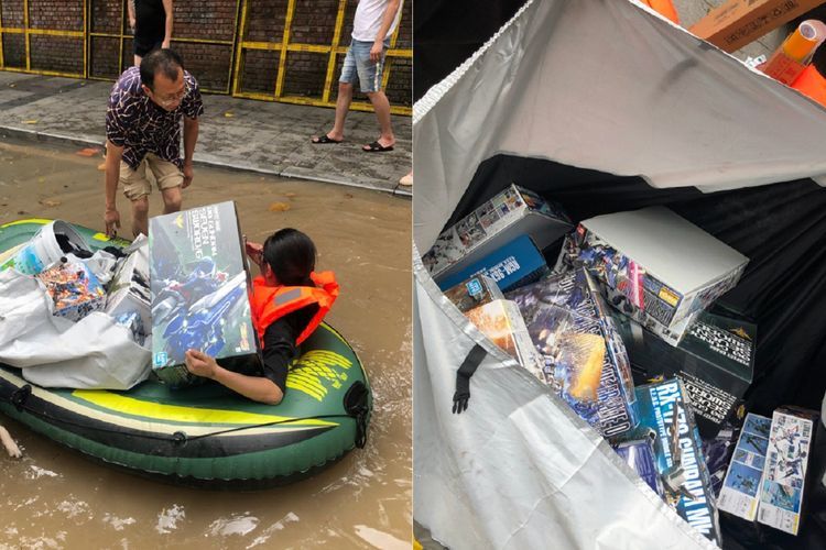 Wanita Ini Nekat Terjang Banjir demi Selamatkan Mainan Gundam Suaminya