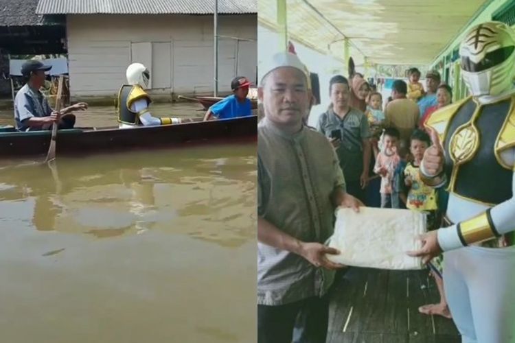 Relawan Pakai Kostum Power Rangers Kunjungi Korban Banjir Kalsel, Bagi Mukena dan Sajadah