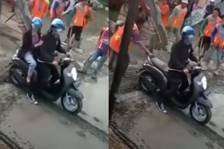 Asyik Pacaran, Pasangan Ini Nekat Terobos Jalanan yang Baru Dicor, Disoraki Warga