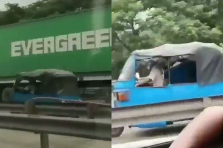 Menegangkan! Aksi Sopir Bajaj Lawan Arah di Jalan Tol, Tak Peduli Dihadang Truk