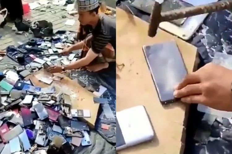 Duh! Pria Berpeci Hancurkan HP Sitaan Pondok Pesantren, Hancurkan Pakai Martil & Dibakar