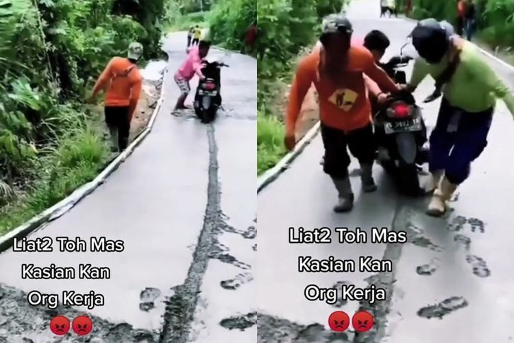 Duh! Pemotor Ini Terobos Jalan yang Baru Dicor, Bikin Pekerja Ngamuk: Bisa Baca Rambu Gak?