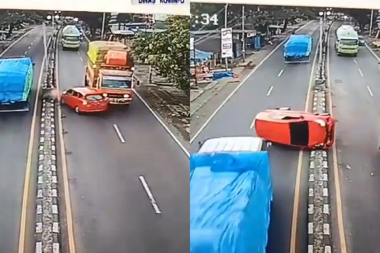 Niat Nyalip dari Kiri, Mobil Merah Ini Dihantam 2 Kali oleh Truk Berbeda di Jalan