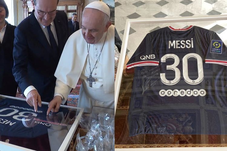 Berkunjung ke Vatikan, PM Prancis  Bawa 'Oleh-oleh' Jersey PSG Messi untuk Paus Fransiskus