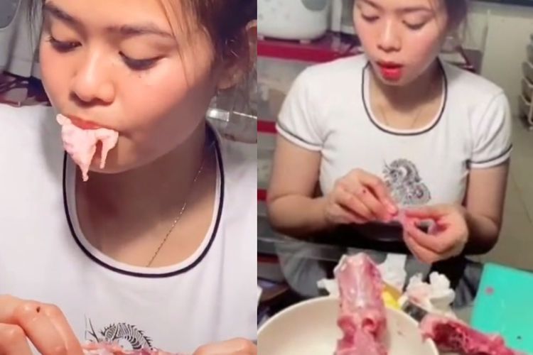 Bikin Mual, Wanita Cantik Ini Asyik Makan Daging Ayam Mentah, Sampai Dikira Syarat Susuk