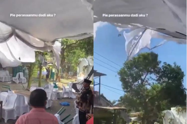 Momen Resepsi Pernikahan Diterpa Angin Kencang, Tamu Undangan Panik Tenda Hampir Roboh