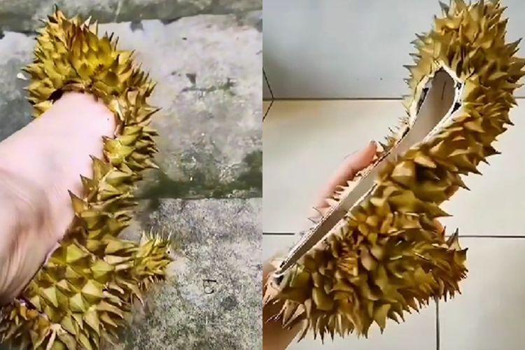 Unik! Wanita Ini Pakai Sepatu dari Kulit Durian, Netizen: Aman Buat Pulang Malam