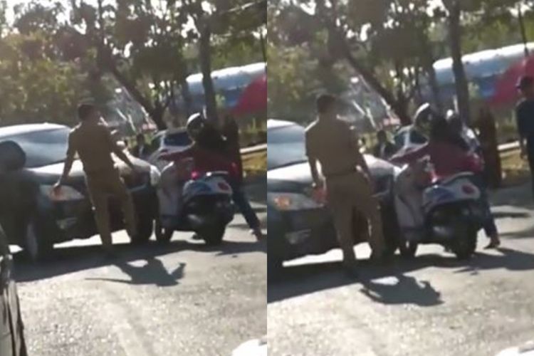 Arogan, Pria ASN Ini Tendang Motor Perempuan yang Menabrak Mobilnya hingga Tersungkur