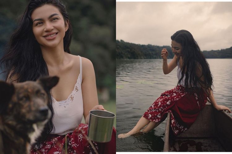 Gaya Cantik Natural Ariel Tatum di Tepi Danau, Berkain Merah dan Rambut Panjang Tergerai