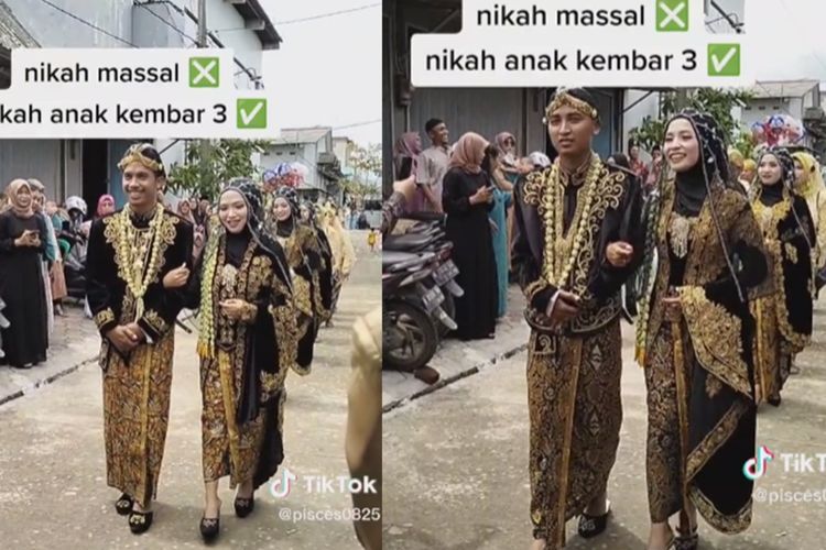 Viral! Wanita Kembar 3 Gelar Resepsi Bareng, Iring-Iringan Pengantin Bak Nikahan Massal