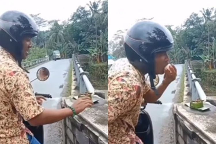Gak Takut Karma, Pria Ini Nekat Makan Sesajen Telur Mentah di Pinggir Jalan