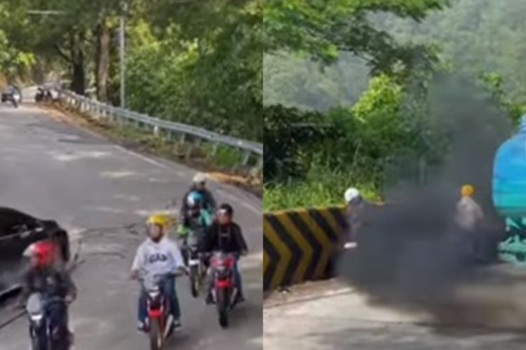Karma! Lima Pemotor Ini Kena 'Kentut' Sopir Truk Akibat Geber-geberkan Gas Motornya