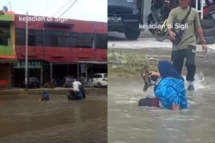 Akibat Ngebut Saat Terobos Banjir, Ibu-ibu Ini Jatuh dari Motor Hingga Basah Kuyup