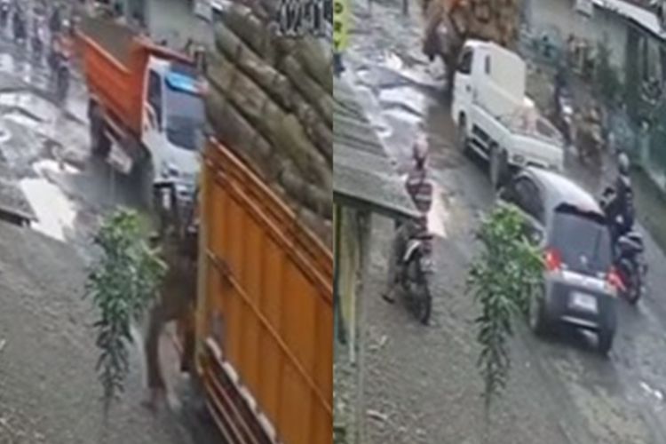 Truk Ini Oleng dan Timpa Pengendara Motor Akibat Jalan Berlubang, Netizen: Kadesnya Mana?
