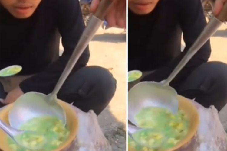 Ngelunjak! Pria Ini Cicipi Makanan Temannya Pakai Centong Sayur, Bukan Sendok Makan
