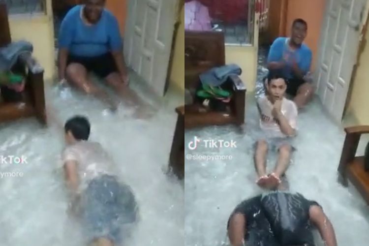 Viral Kelakuan Kocak Pria saat Rumah Kebanjiran, Tetap Santai dan Berenang Bareng Teman 
