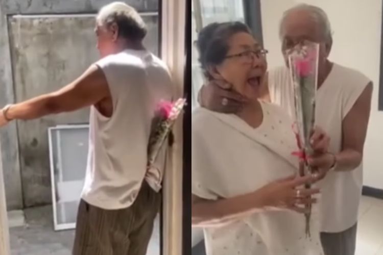 So Sweet! Kakek Ini Diam-diam Beri Kejutan Bunga, Reaksi Sang Istri Bikin Baper