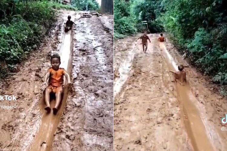 Enggak Perlu ke Taman, Bocil Ini Malah Kesenangan Main Perosotan di Tanah Berlumpur