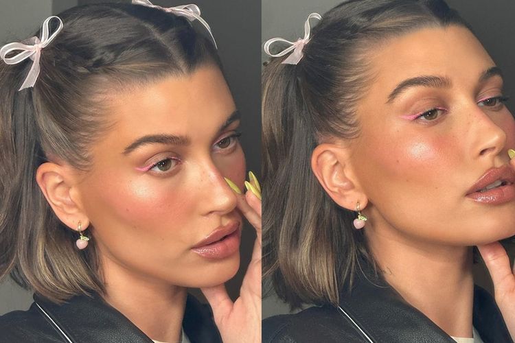Potret Cute Hailey Bieber Rambutnya Dikepang Pita, Eyeliner Pink Hiasi Kelopak Mata