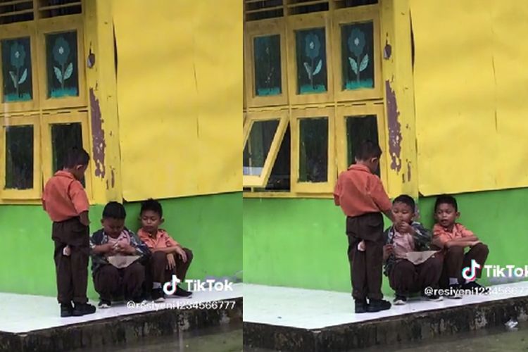 Bikin Terenyuh! Momen Manis Tiga Bocah SD Berbagi Makanan saat Hujan, Warganet Mewek