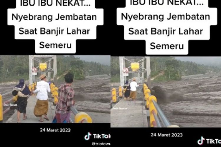 Bukan Main! Emak-emak Ini Nekat Sebrangi Jembatan saat Banjir Lahar Semeru