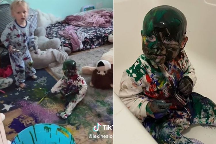 Momen Kocak Bayi 'Mandi' Cat sampe Belepotan, Pasrah Banget Kepala Jadi Warna-warni