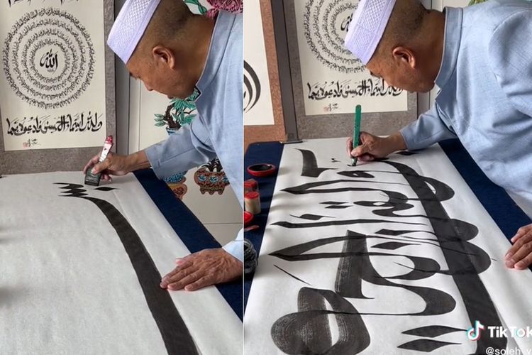 Momen Pria Cekatan Bikin Kaligrafi, MasyaAllah Indah Banget Sekali Lukis Langsung Jadi