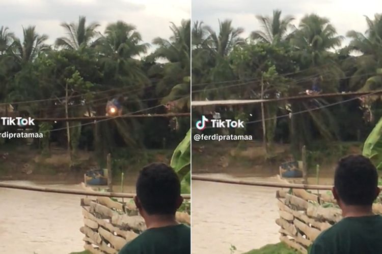 Detik-detik Pengendara Motor Jatuh dari Jembatan Gantung karena Angin Kencang