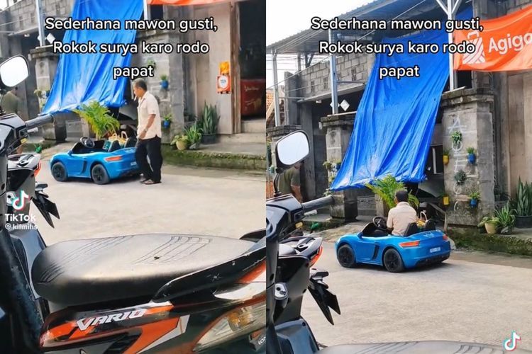 Aksi Kocak Bapak-Bapak Asyik Kendarai Mobil Mainan, Santuy Sambil Merokok 