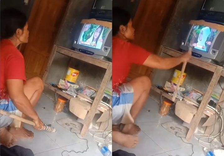 Momen Emak-emak Emosi saat Nonton Sinetron, TV Digetok Kayu Kesal Sama Tokohnya
