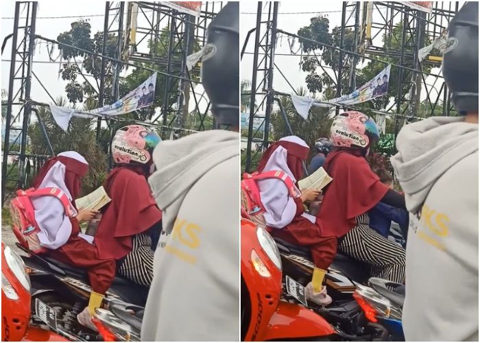 Bukan Nyanyi, Anak SD Ini Asyik Ngaji di Atas Motor Sambil Nunggu Lampu Merah, Bikin Netizen Insecure