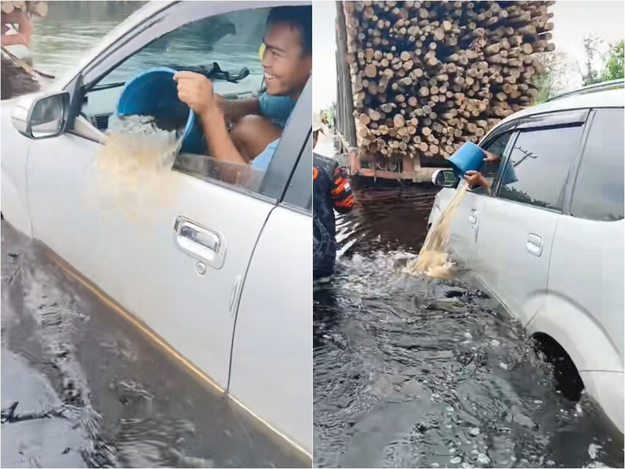 Viral Mobil Mogok di Tengah Banjir, Penumpangnya Sampai Menguras Air dari Dalam dengan Ember