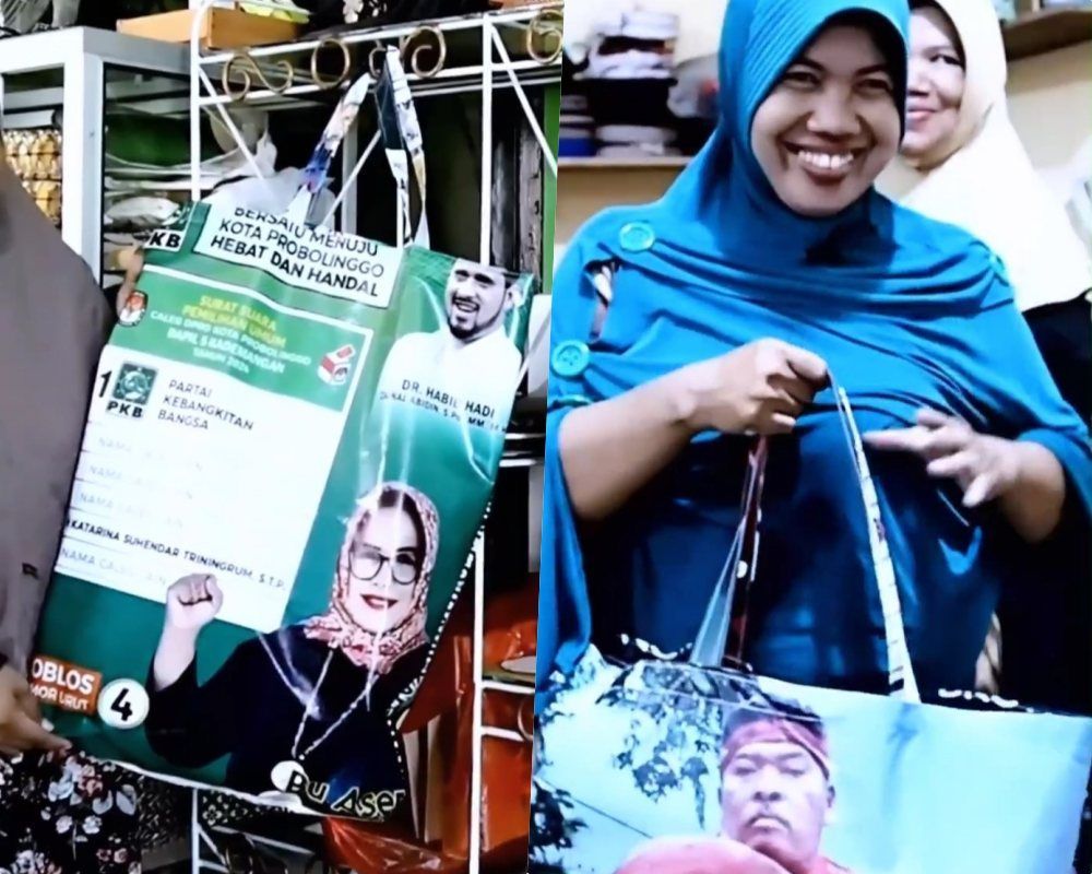 Salut, Wanita di Probolinggo Sulap Banner Bekas Kampanye Jadi Tas Belanja