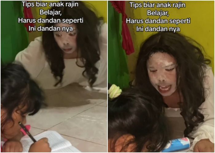 Viral Aksi Ayah Dandan bak Kuntilanak saat Temani Anaknya Belajar Matematika, Mata Melotot Sambil Kayang