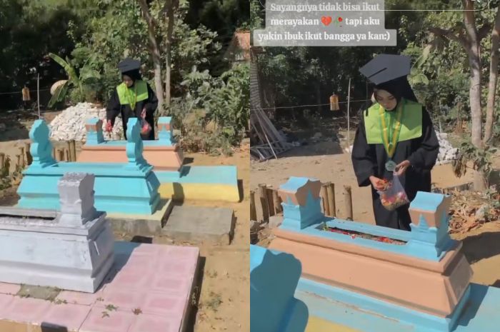 Viral, Wisudawan di Pamekasan Ziarah ke Makam Sang Ibu dengan Kenakan Toga Lengkap Bikin Netizen Terharu