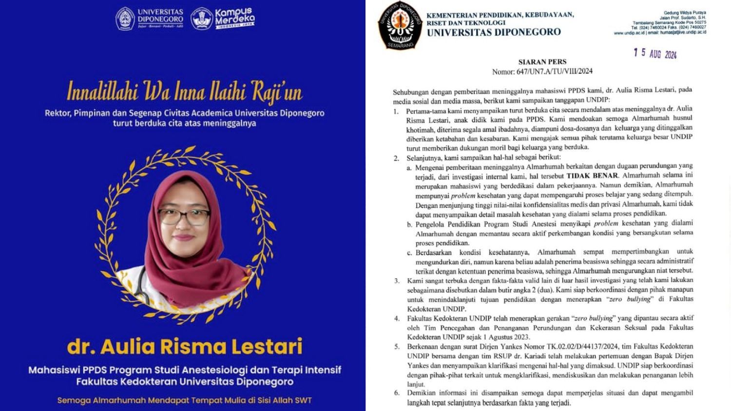6 Fakta Pernyataan Undip Terkait Mahasiswa Kedokteran yang Bunuh Diri