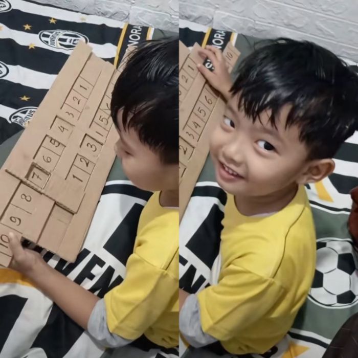 Viral! Anak 5 Tahun Belajar Berhitung dengan Alat dari Kardus Bekas