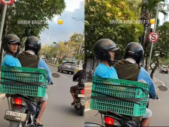 Viral, Aksi 'Santuy' Seorang Pria Duduk di Keranjang saat Dibonceng Motor, Enggak Bahaya Ta?