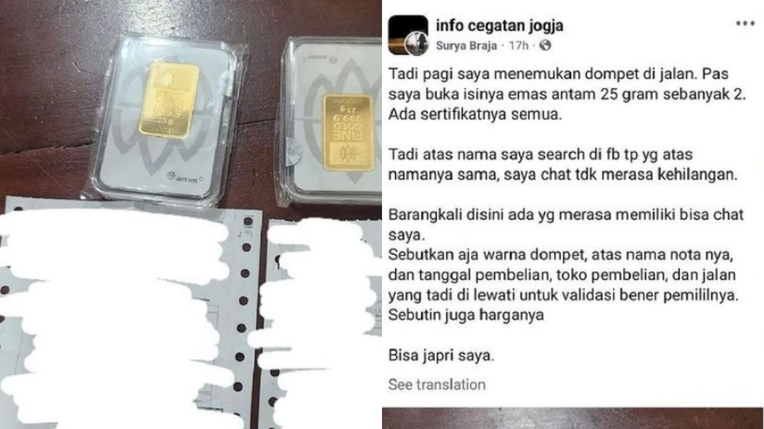 Kisah Inspiratif Pria di Jogja, Temukan 2 Emas Antam 25 Gram dan Dikembalikan ke Pemiliknya