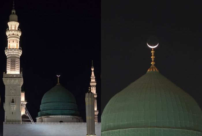 Potret Keindahan Bulan Sabit Sejajar dengan Kubah Hijau Masjid Nabawi Bikin Netizen Takjub