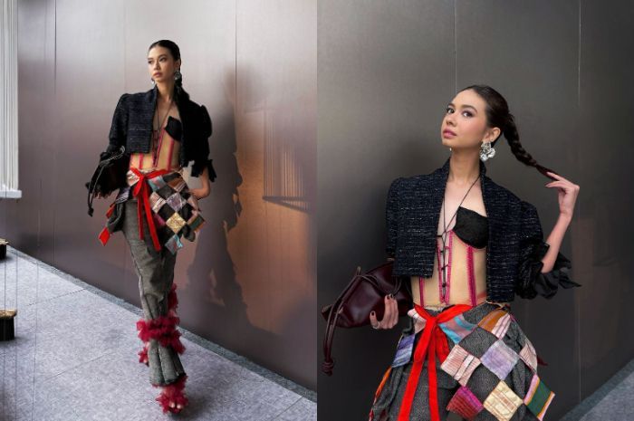 Intip Gaya Unik Yuki Kato Hadiri Jakarta Fashion Week 2025, Padukan Nude Corset dengan Rok Kain Tenun