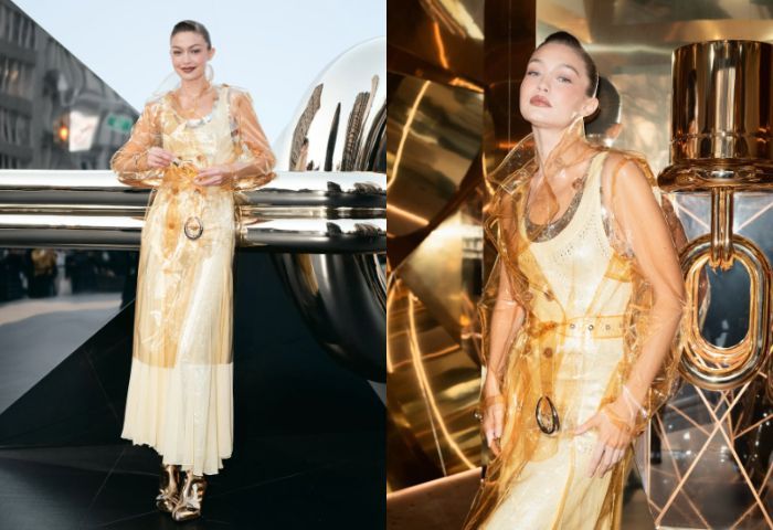Tampil Elegan, Gigi Hadid Pakai Busana Kuning Mentega dengan Jaket Transparan dan Elemen Emas di Pop-up Rabanne NYC
