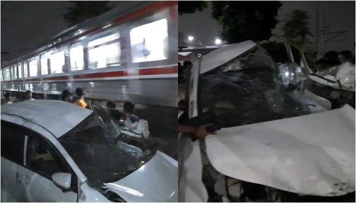 Nekat Menerobos Lalu Mesin Mati, Satu Unit Mobil Ringsek Ditabrak Kereta di Perlintasan Tanpa Palang Pintu