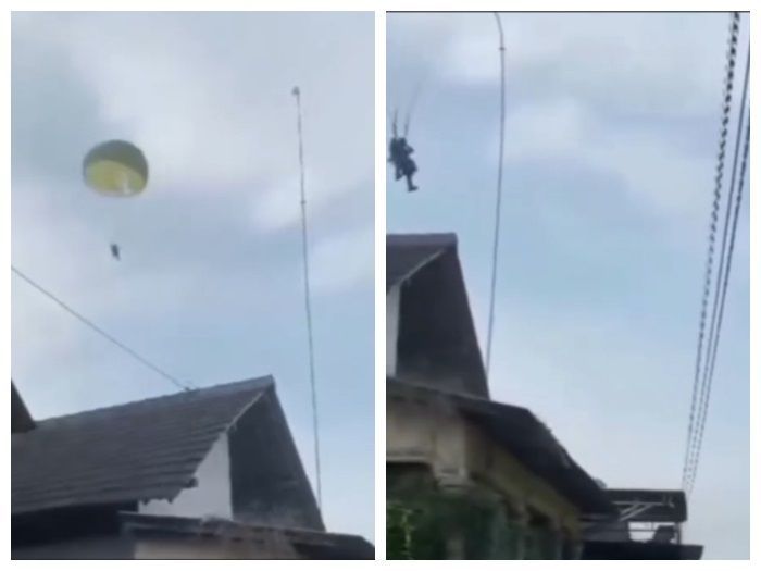 Prajurit TNI Mendarat di Atap Rumah Warga Blitar saat Latihan Terjun Payung
