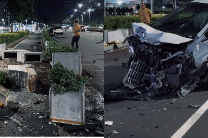 Tabrak Pembatas Jalan di Sudirman Jakarta, Sebuah Alphard Langsung Ringsek
