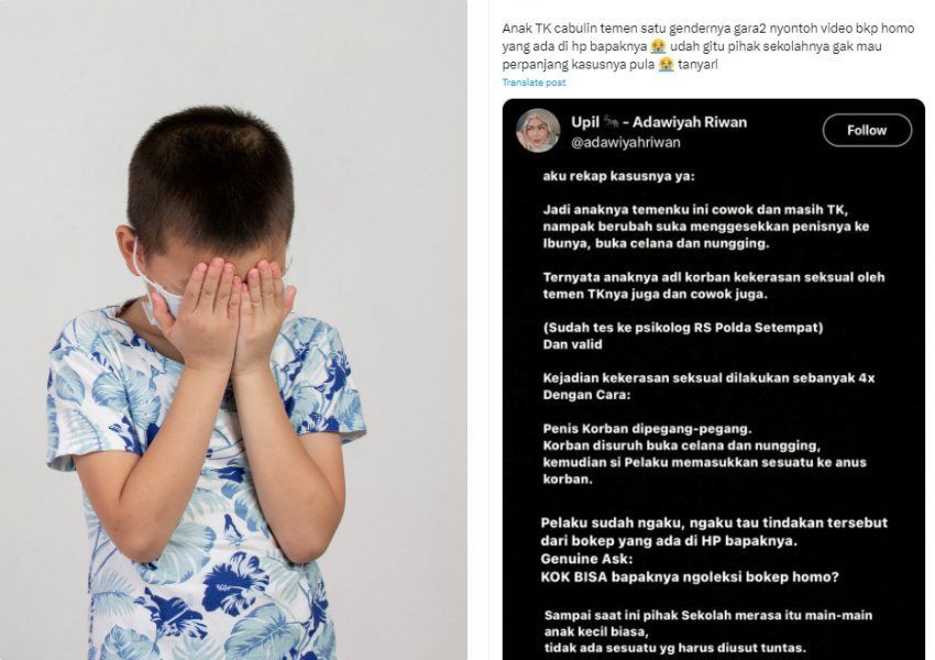 Kronologi Murid TK Dilecehkan Teman Sekelas Sesama Jenis, Pelaku Ngaku Tiru Video Milik Ayahnya