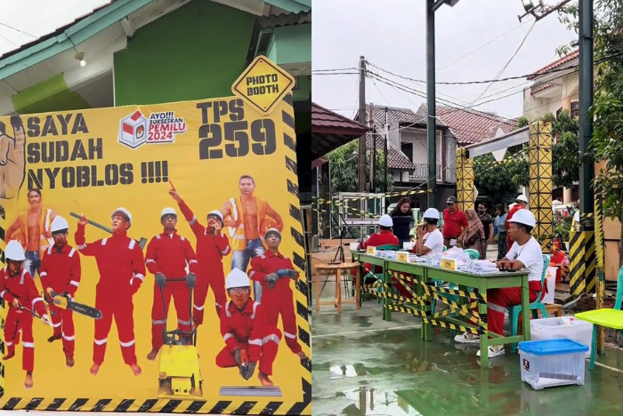 Unik, TPS Di Bekasi Ini Pake Konsep Proyek Bangunan, Petugas Pake Helm Putih Dan Baju Proyek Merah