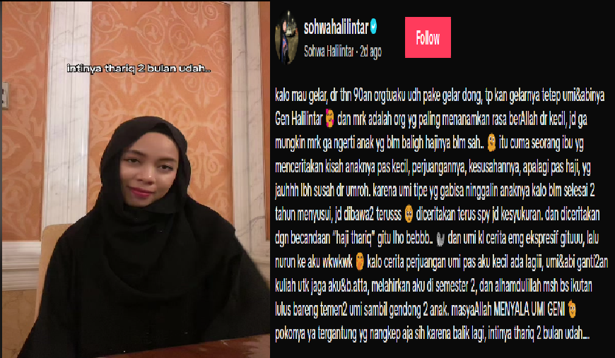 Sohwa Halilintar Beri Dukungan ke Ibunda Usai Candaan 'Haji Thariq' Viral