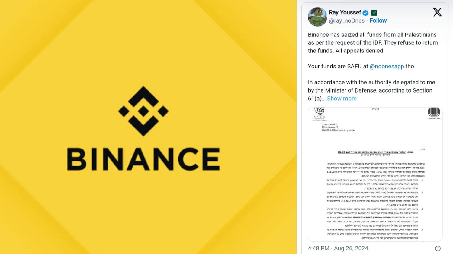 Binance Diduga Menyita Seluruh Aset Milik Palestina Atas Perintah Israel