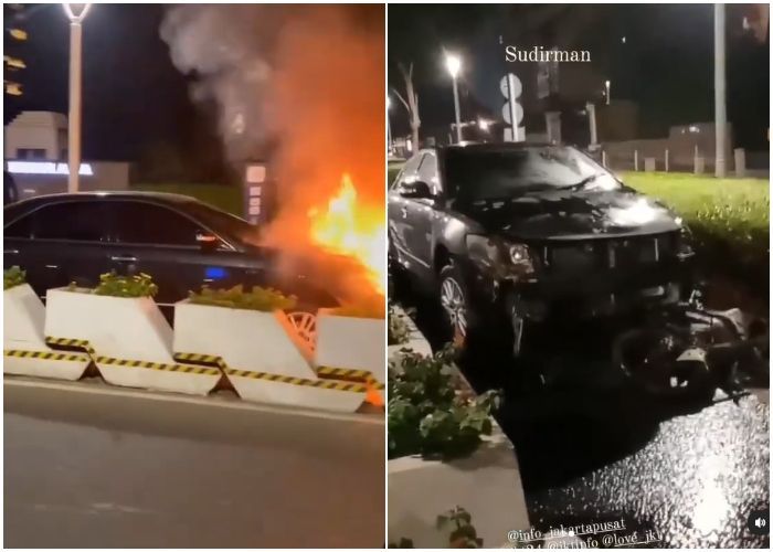 Duar! Camry Hajar Vixion di Sudirman sampai Terbakar, 2 Orang Luka-luka
